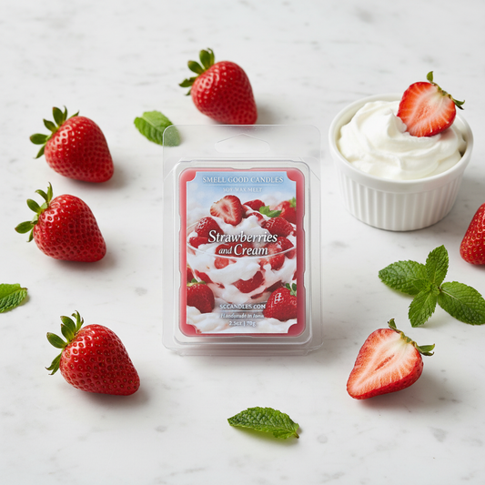 Strawberries and Cream scented soy wax melt styled on white marble with fresh strawberries, whipped cream, and mint leaves in bright natural light