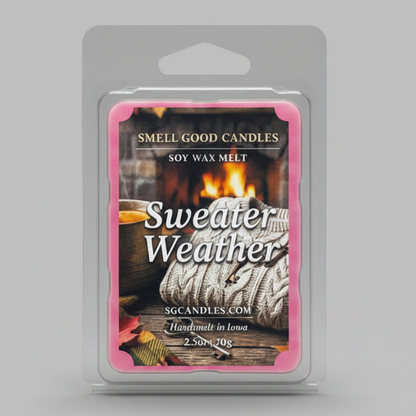 Sweater Weather Soy Wax Melt with eucalyptus, spearmint, juniper berry, sage, and wood fragrance notes