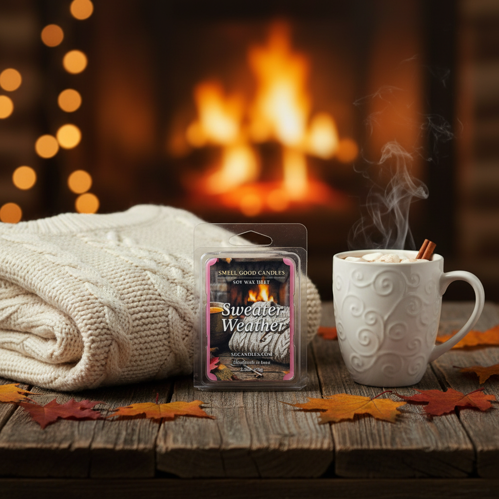 Sweater Weather scented soy wax melt clamshell styled on a rustic wood surface with chunky knit sweater, steaming mug, and fall leaves in warm fireplace glow