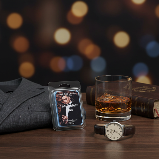 The Perfect Man scented soy wax melt styled on a dark walnut surface with a leather watch, dress shirt, and whiskey glass in a sophisticated masculine setting