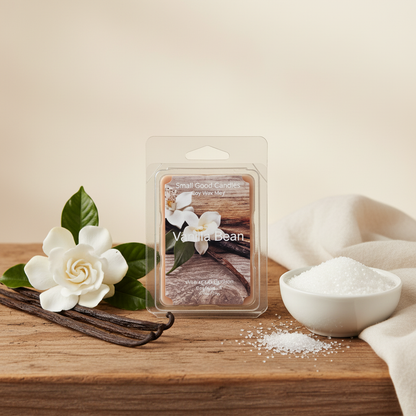 Vanilla Bean Soy Wax Melt with rich vanilla fragrance displayed with vanilla flowers and vanilla-inspired decor