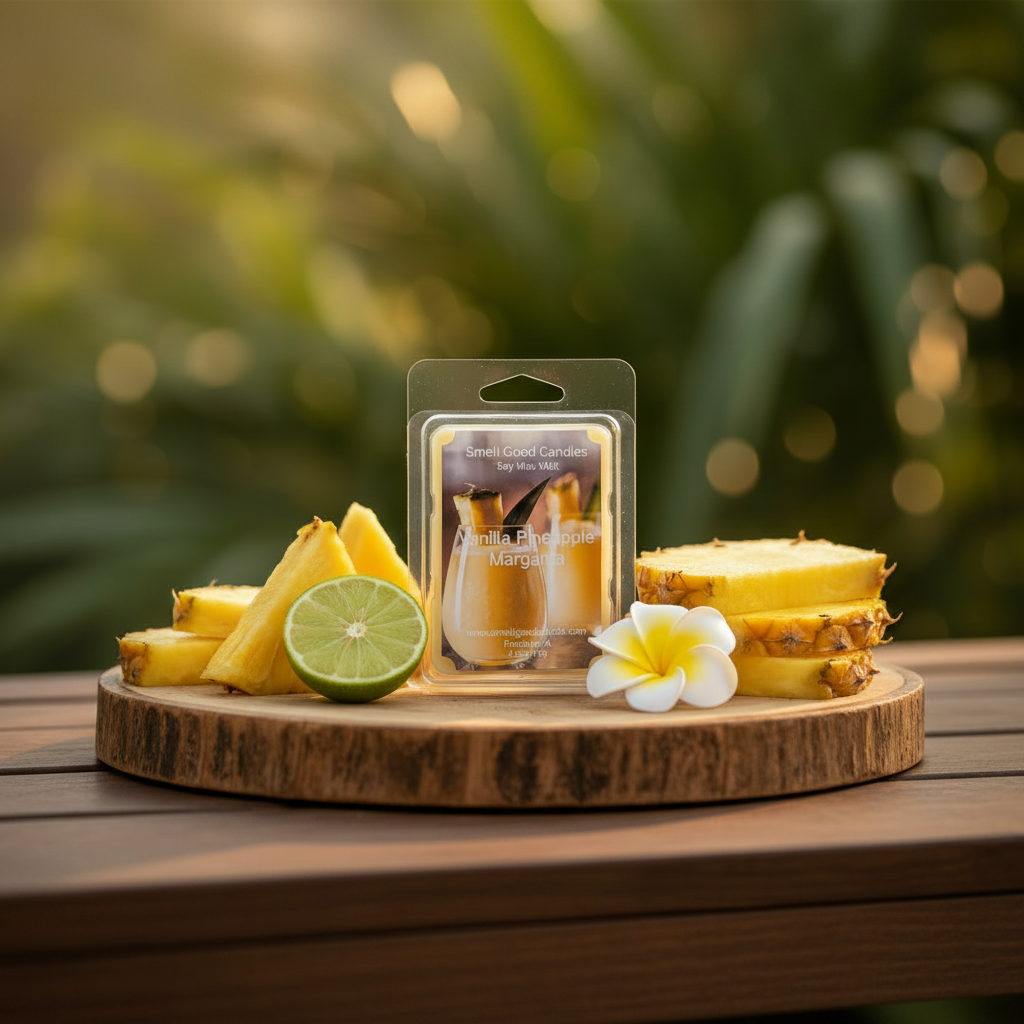 Vanilla Pineapple Margarita scented soy wax melt clamshell on rustic wood tray surrounded by pineapple slices, lime, and plumeria flower