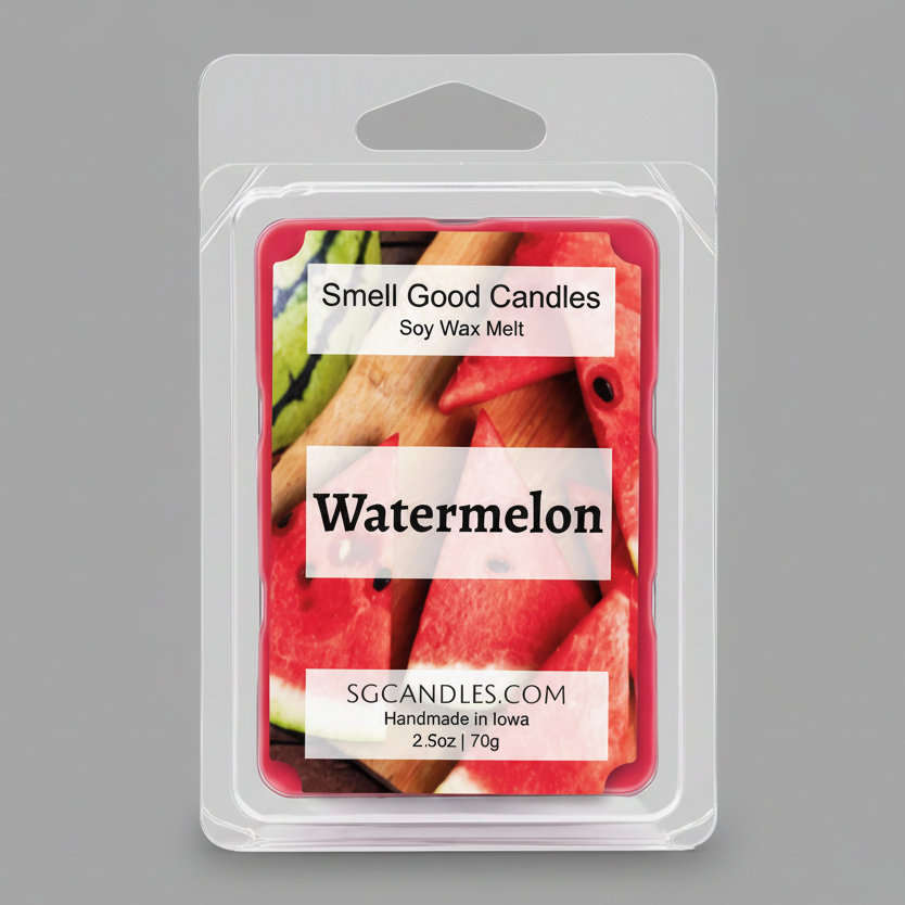 Watermelon soy wax melt front label by Smell Good Candles, fruity scented wax melt for home fragrance
