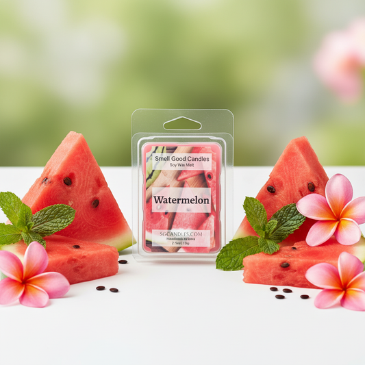 Watermelon soy wax melt with fresh watermelon slices and tropical home fragrance decor by Smell Good Candles